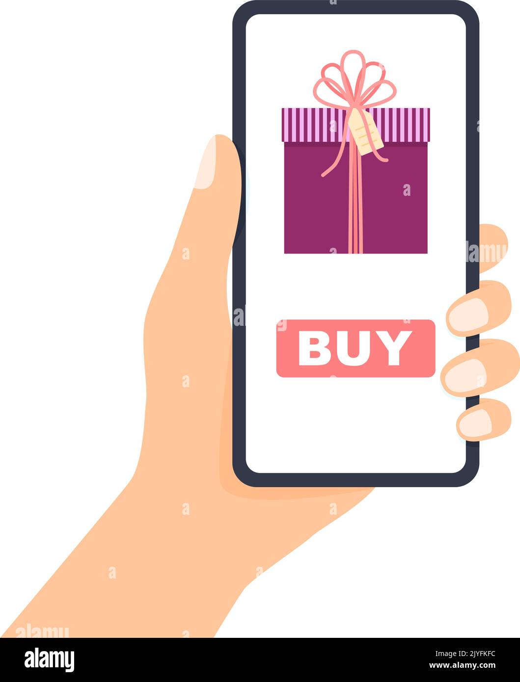 Hand holding phone. Smartphone screen with page buy gift, vector illustration Stock Vector