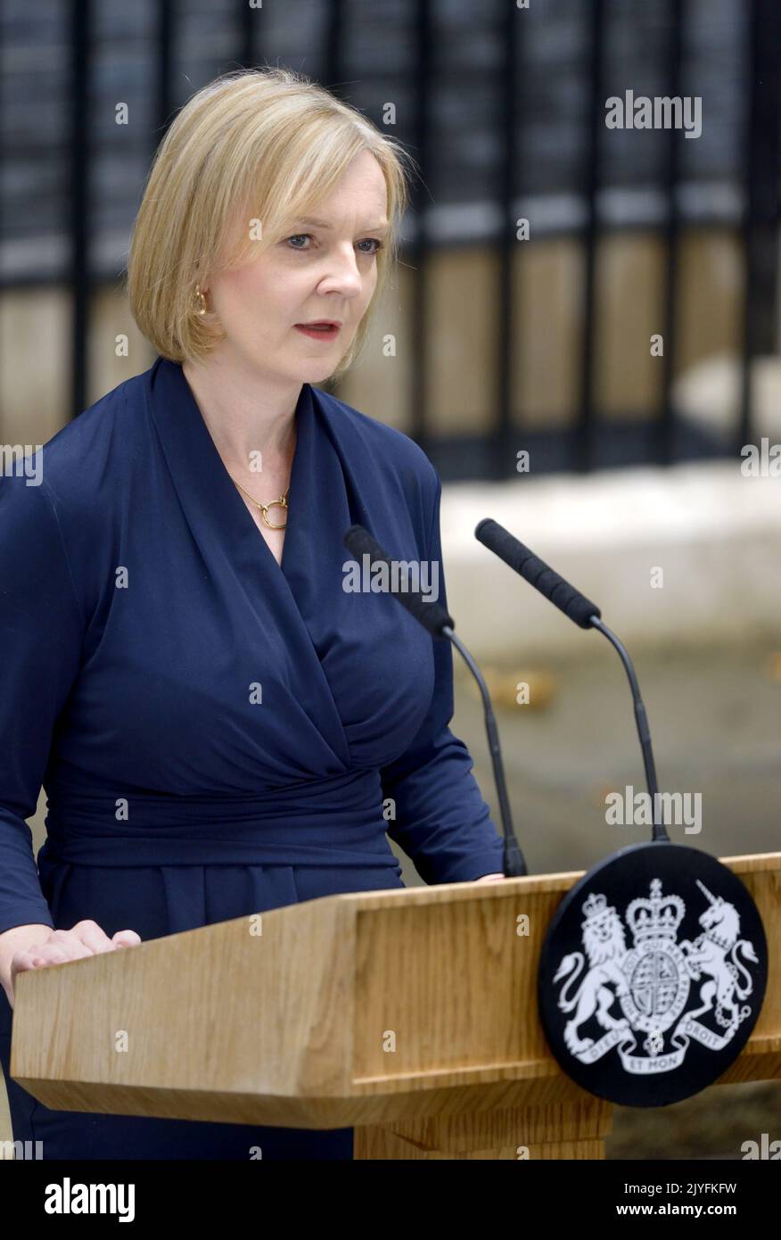 Liz Truss in Downing Street making her first speech as UK Prime Minister. 6th Sept 2022. Stock Photo
