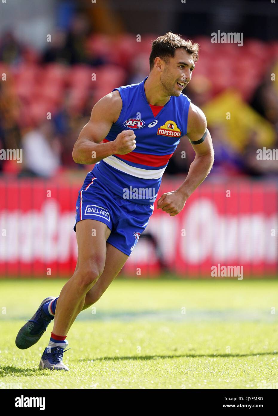 Ben Cavarra of the Bulldogs reacts after kicking a goal during the Round 12  AFL match between the Western Bulldogs and Adelaide Crows at Metricon  Stadium on the Gold Coast, Sunday, August