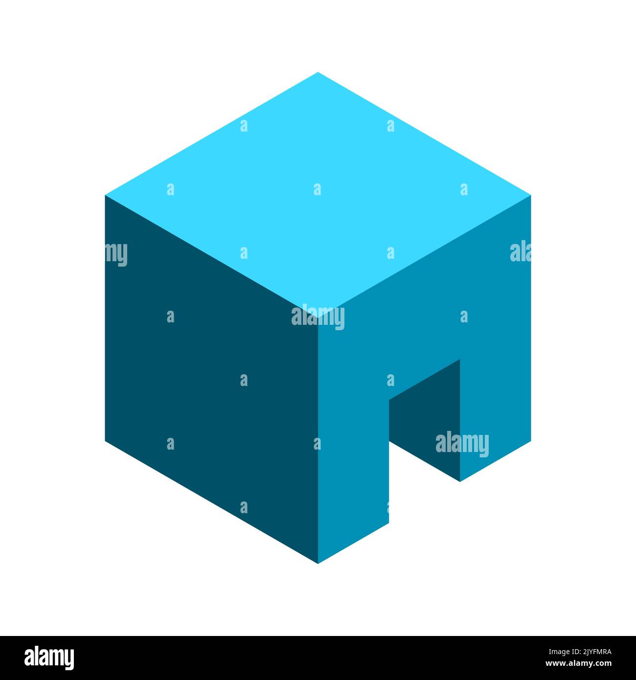 Blue 3D cube with an open door. Entrance concept. Box shape isometric object. Architecture, building, construction industry. Geometric block structure Stock Vector