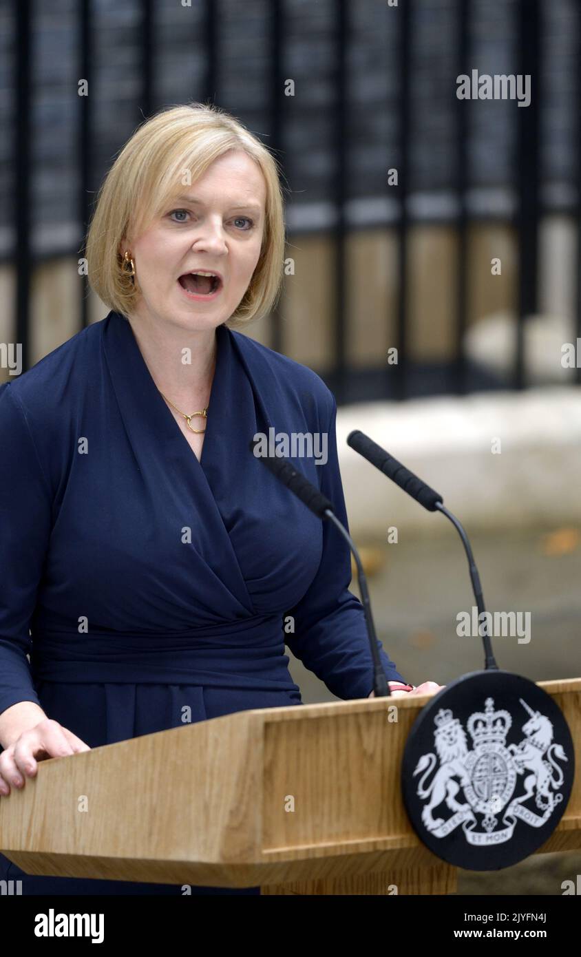 Liz Truss in Downing Street making her first speech as UK Prime Minister. 6th Sept 2022. Stock Photo