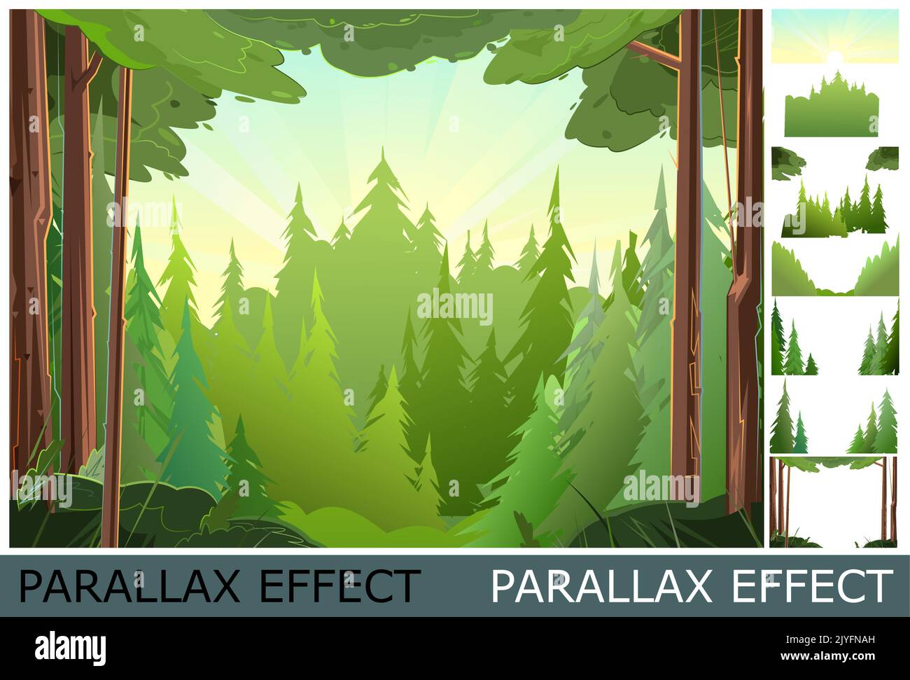 View of thick taiga. Image from layers for overlay with parallax effect. Beautiful pine forest. Wild floral landscape. Illustration in cartoon style Stock Vector