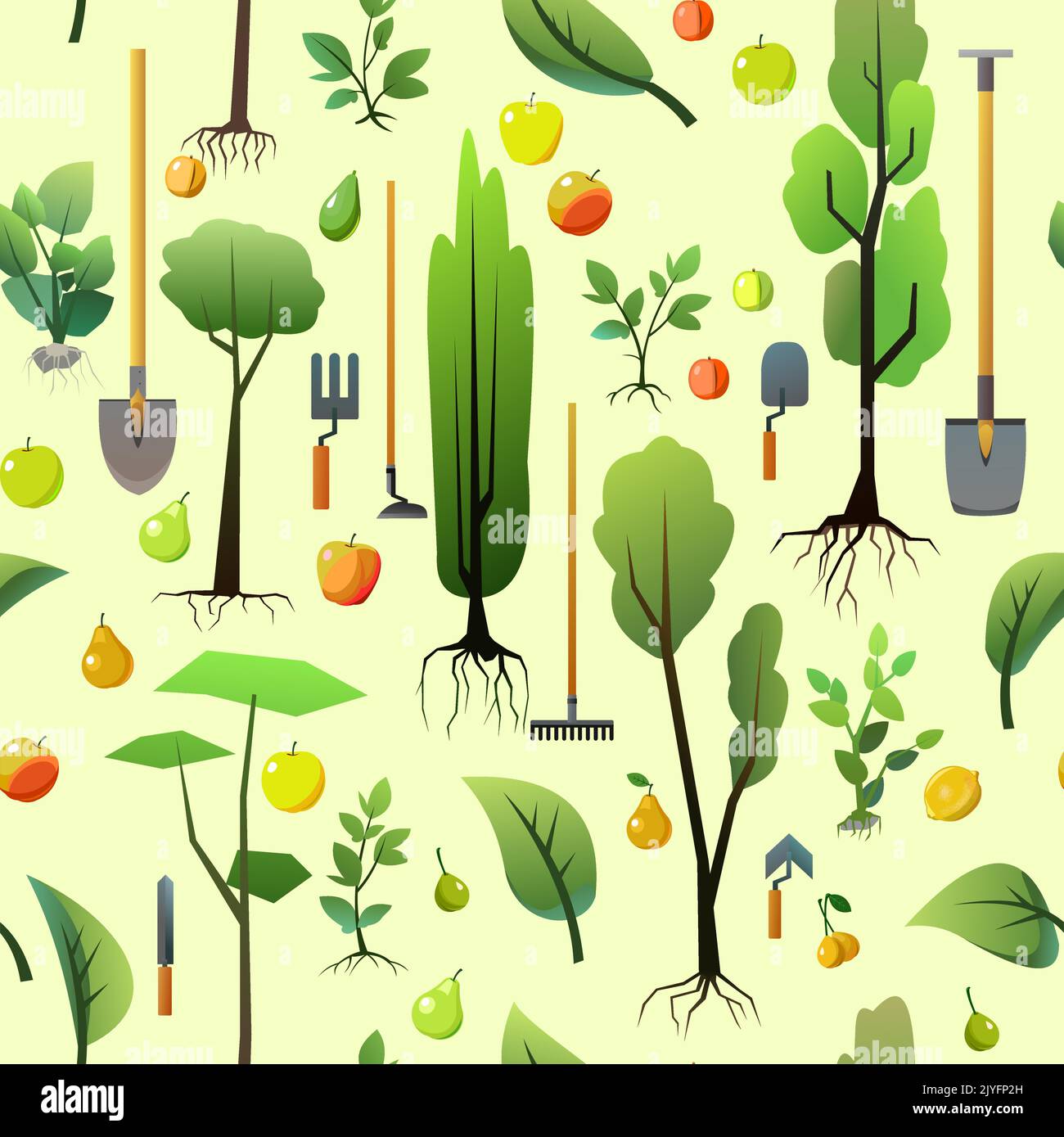 Seedlings of young trees with roots and garden tools. Garden plants. Fruit plantings. Seamless pattern. Vector Stock Vector