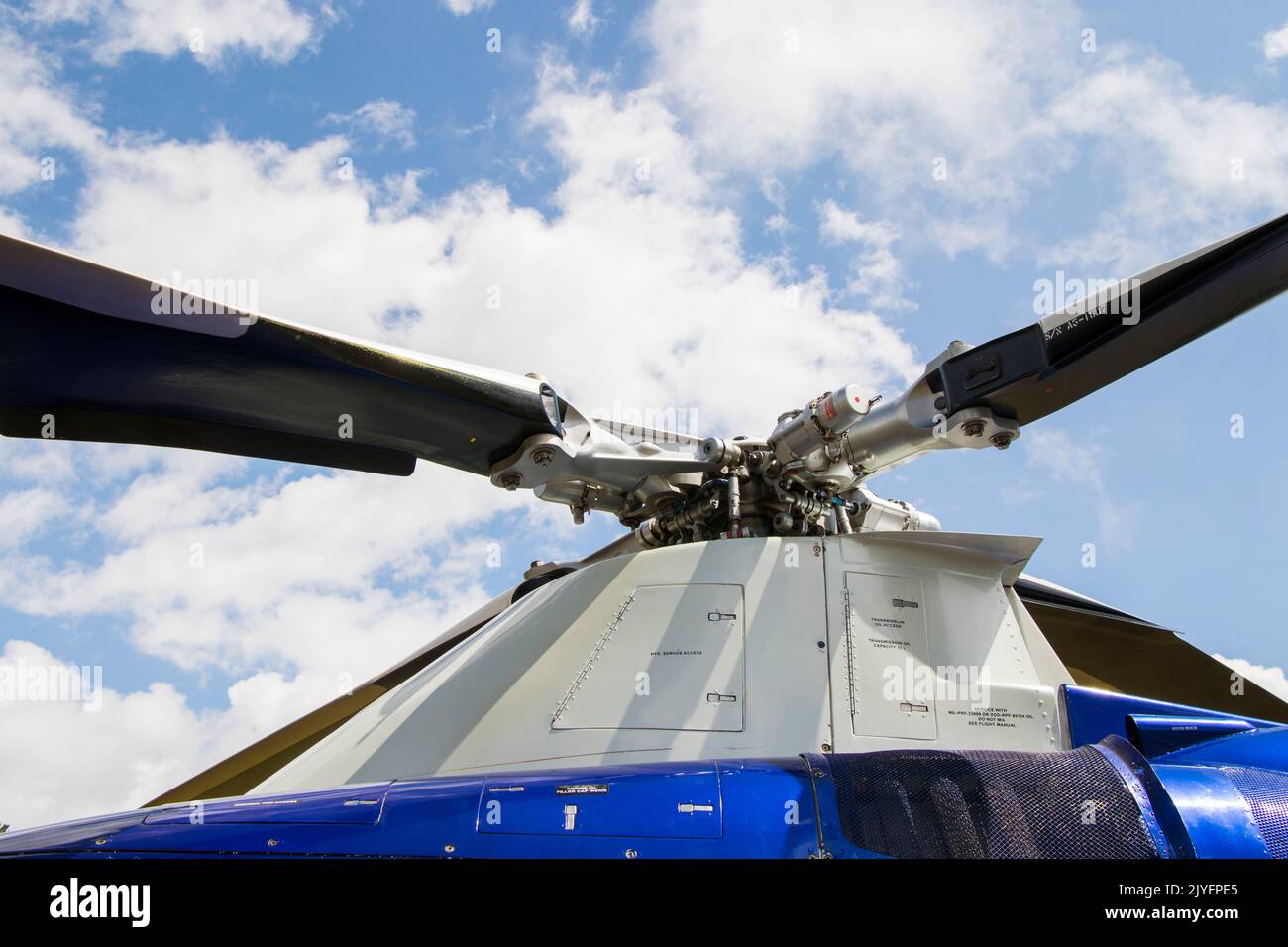 Helicopter closeup, blue and white helicopter view Stock Photo Alamy