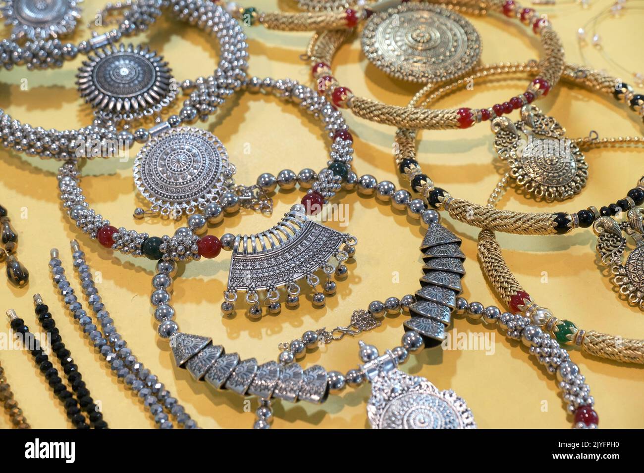 Indian Traditional jewellery displayed in a street shop for sale in 