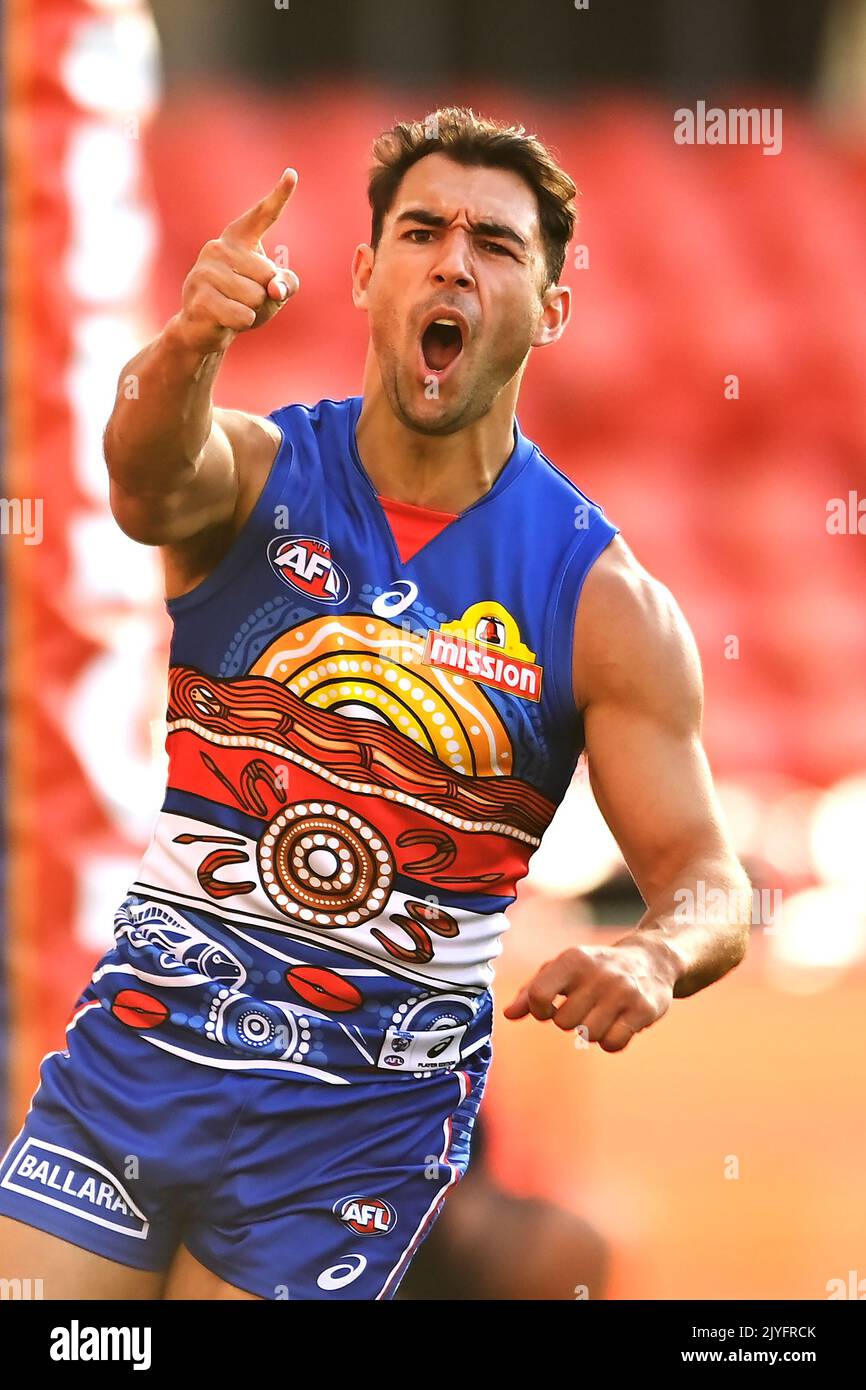 Ben Cavarra of the Bulldogs reacts after kicking a goal during the Round 12  AFL match between the Western Bulldogs and Adelaide Crows at Metricon  Stadium on the Gold Coast, Sunday, August