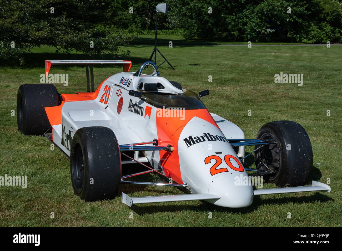 GROSSE POINTE SHORES, MI/USA - JUNE 19, 2022: A 1985 Chevrolet Marlboro Indy racecar, EyesOn Design car show, near Detroit, Michigan. Stock Photo