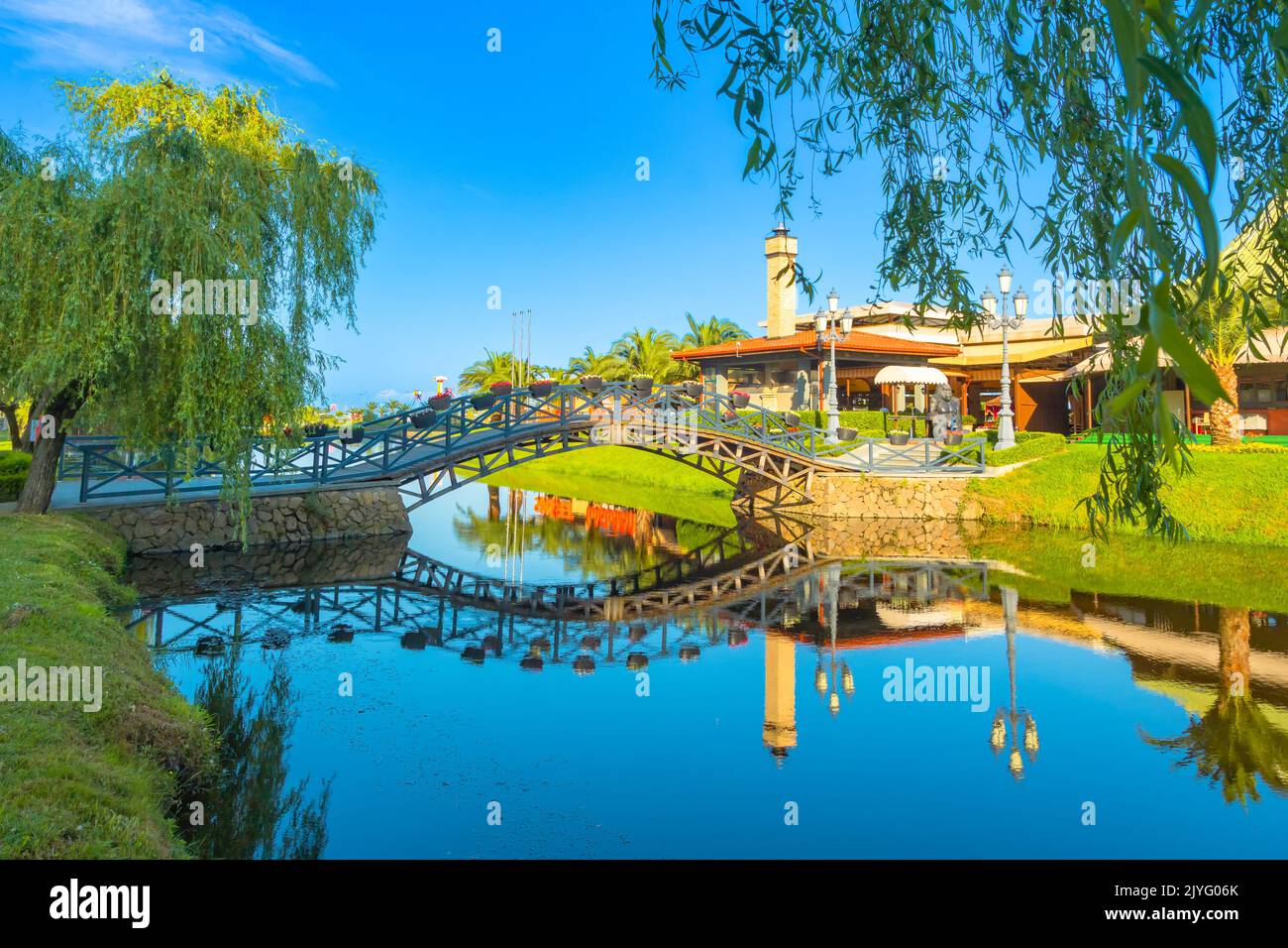Batumi, Georgia. June 10, 2022. Popular restaurant Sunset and its reflection in Ardagani lake Stock Photo