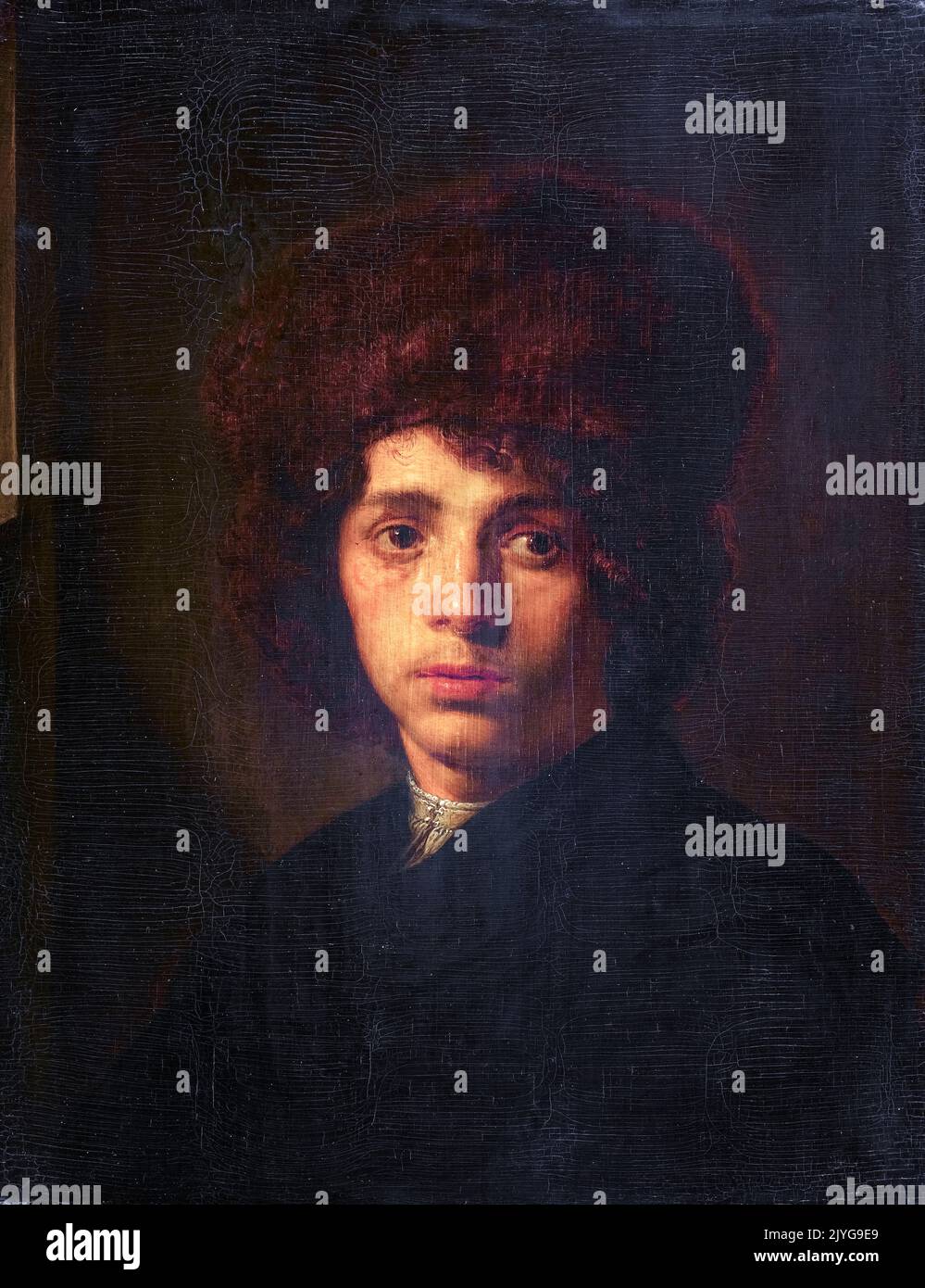 David Bailly, Young Man with a Fur Hat, portrait painting in oil on panel, 1635-1640 Stock Photo
