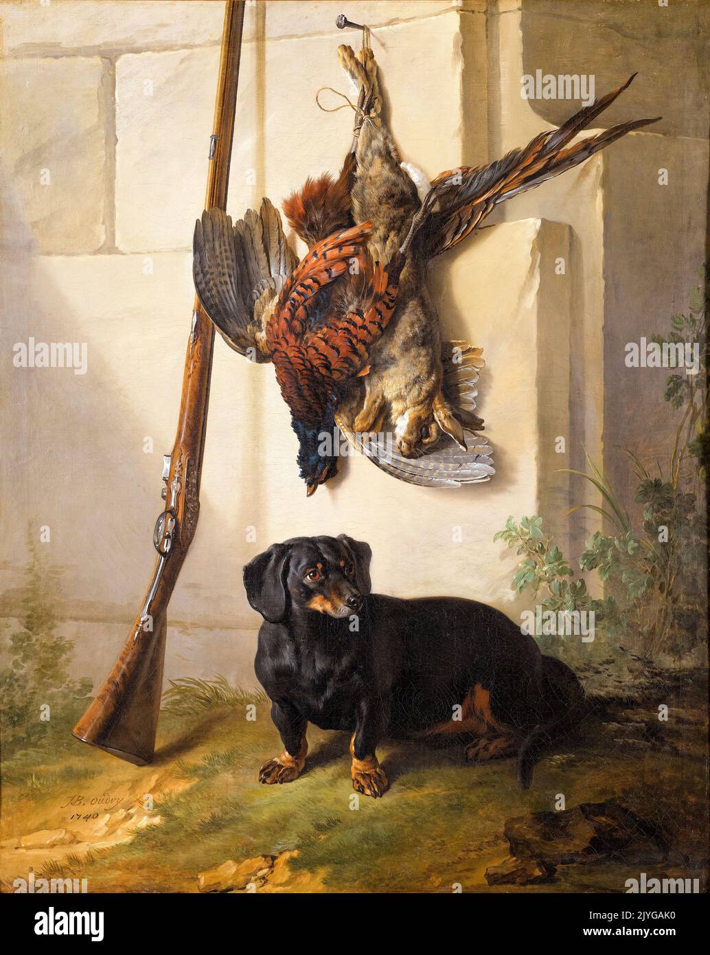 Jean Baptiste Oudry painting, The Dachshound Pehr with Dead Game and Rifle, oil on canvas, 1740 Stock Photo