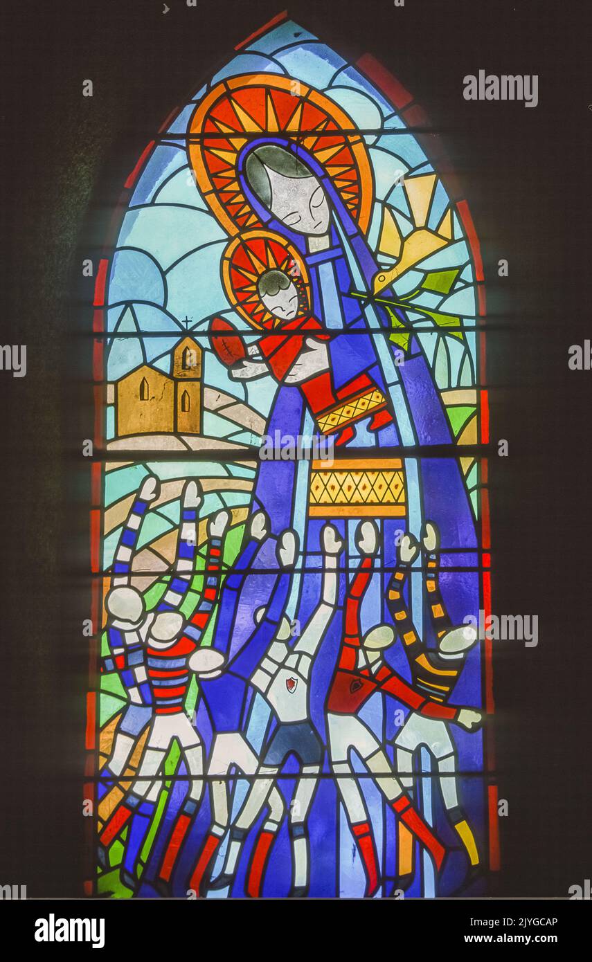 Stained Glass Rugby Patterns France. Aquitaine. Landes (40). Larriviere. A stained glass window in ...
