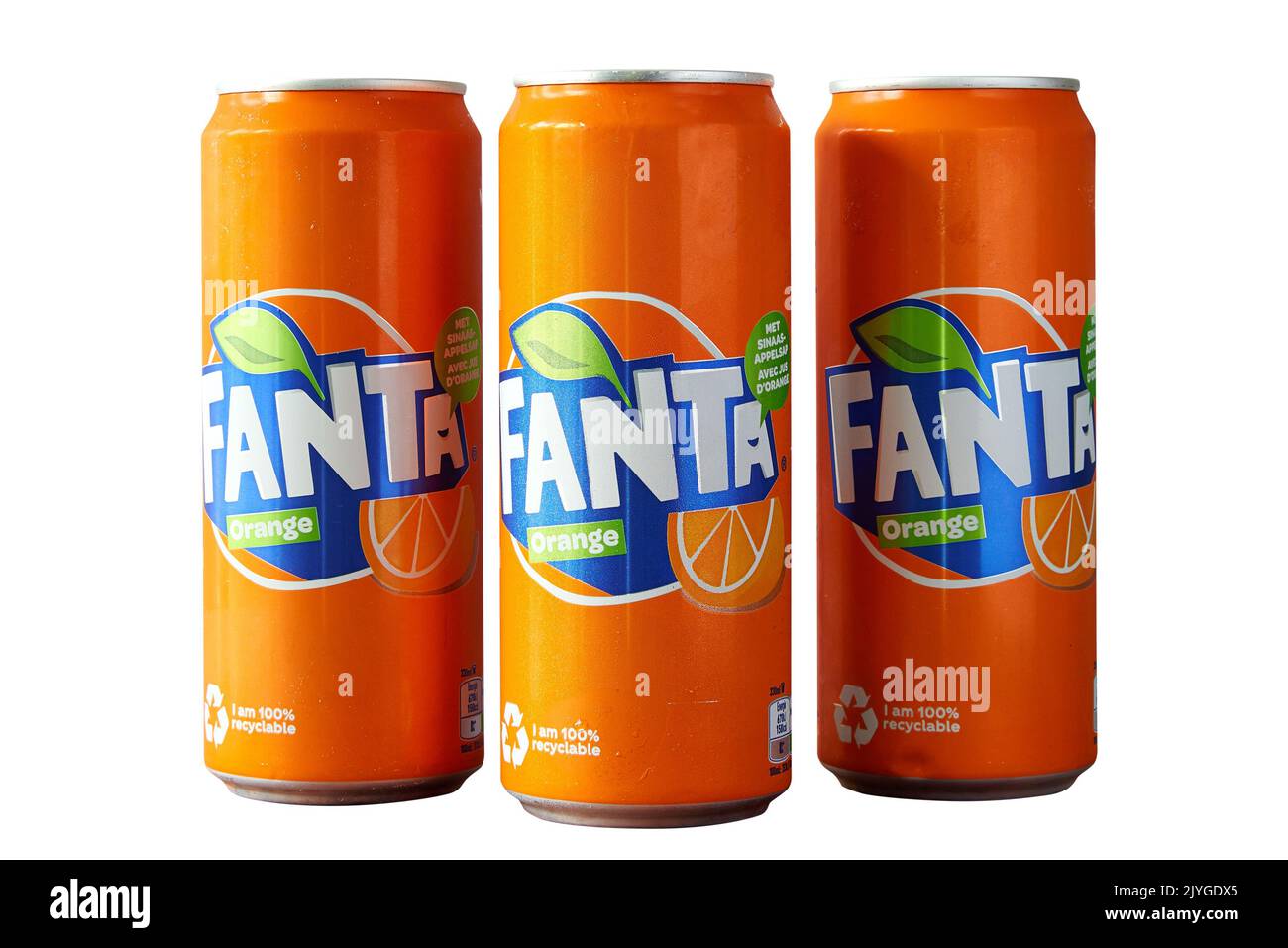 Brussels, Belgium -07 September 2022; Three Aluminum cans with sweet carbonated drink Fanta isolated on a white background, made for Belgium. Popular Stock Photo