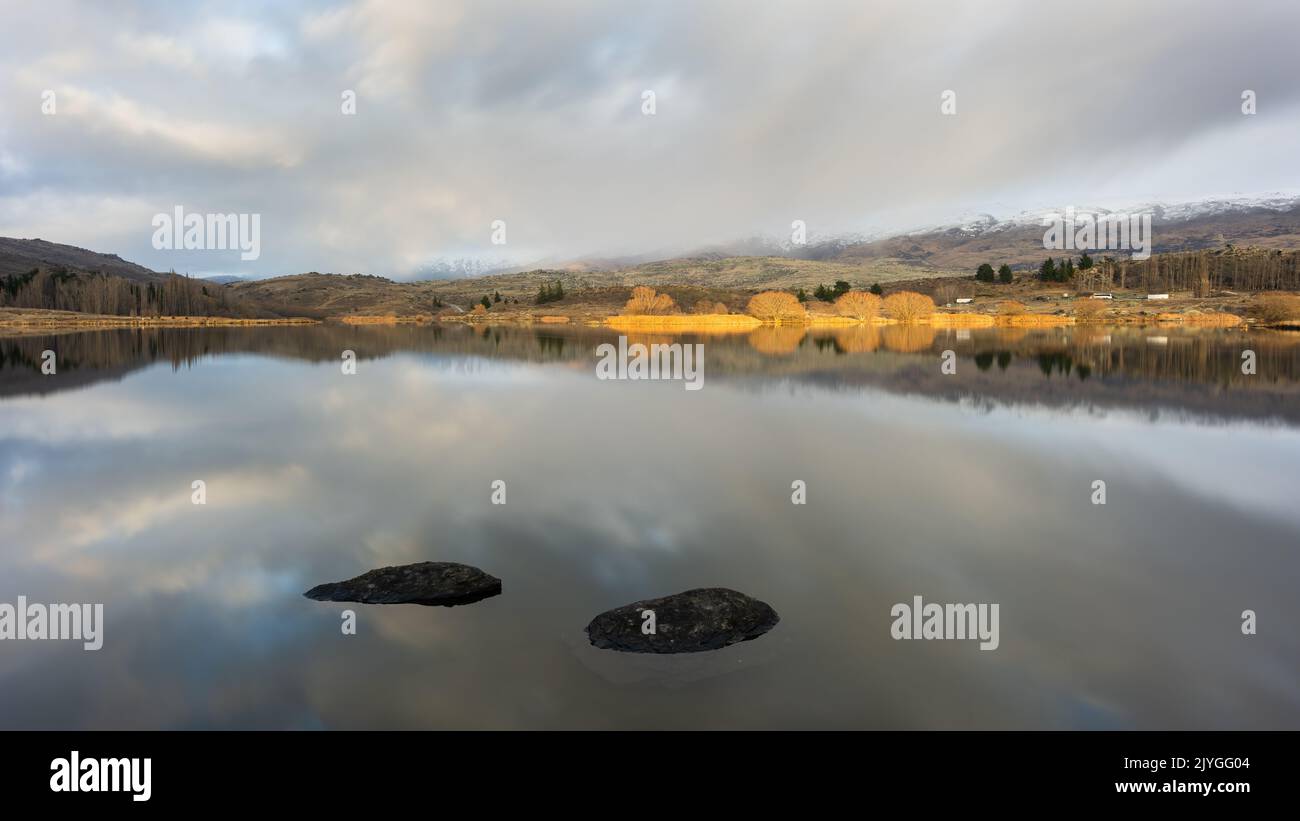 Trees on the shore of Butchers Dam lit up by morning sun, Alexsandra, Central Otago. Stock Photo