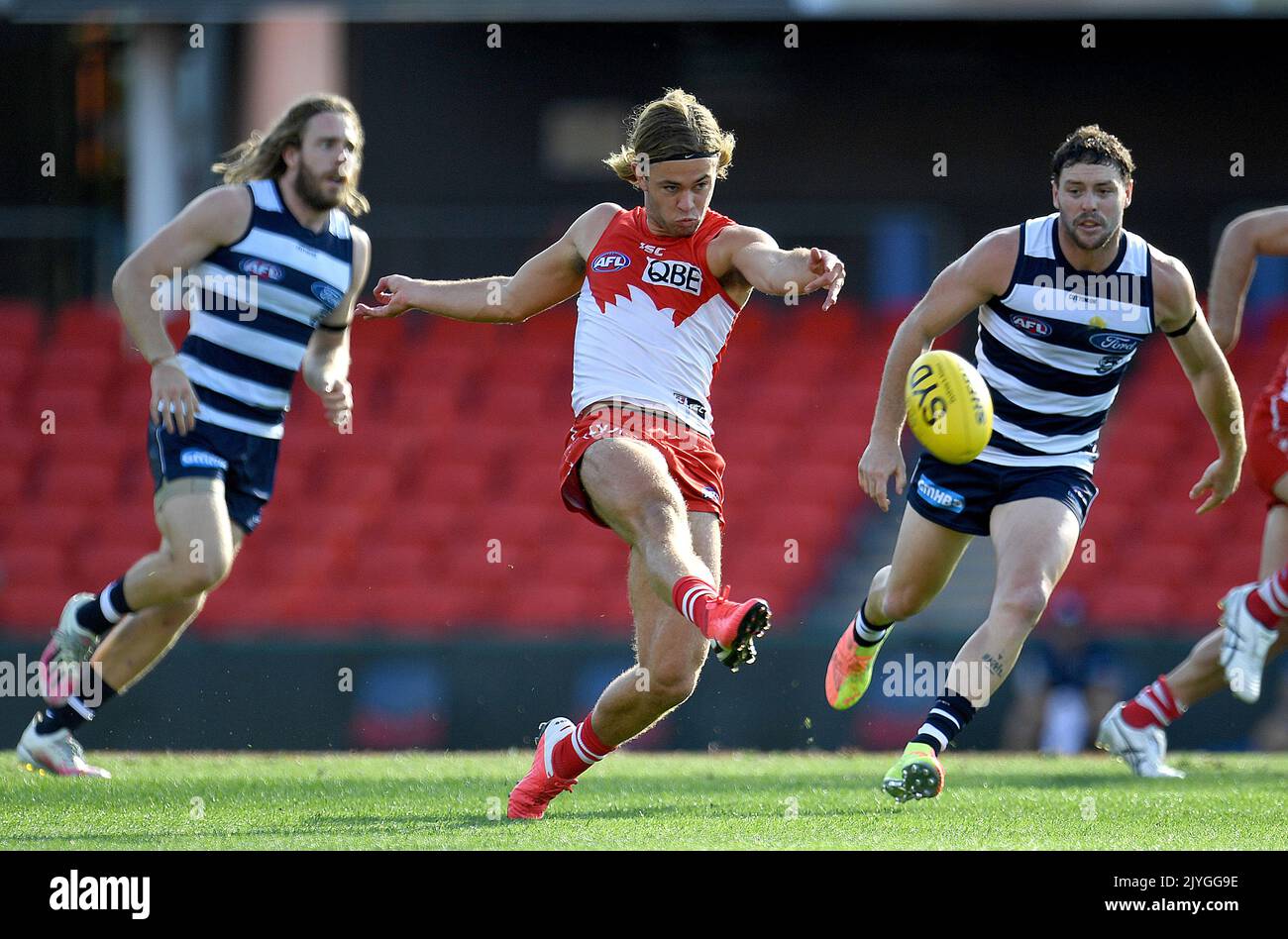 James Rowbottom of the Swans kicks during the Round 18 AFL match ...