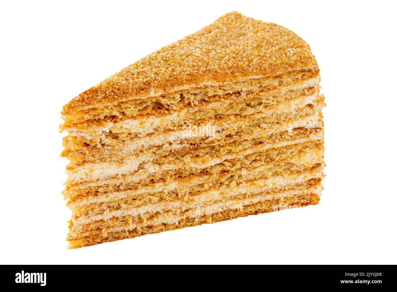 Slice of layered honey cake with sour cream Stock Photo