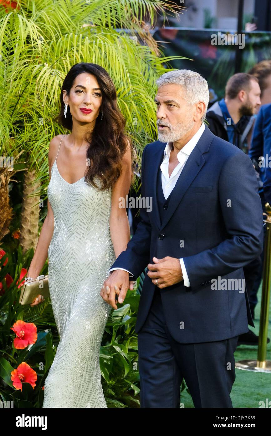 Amal Clooney and George Clooney photographed during the Ticket to Paradise World Premiere held at Odeon Luxe Leicester Square , London on Wednesday 7 September 2022 . Picture by Julie Edwards. Stock Photo
