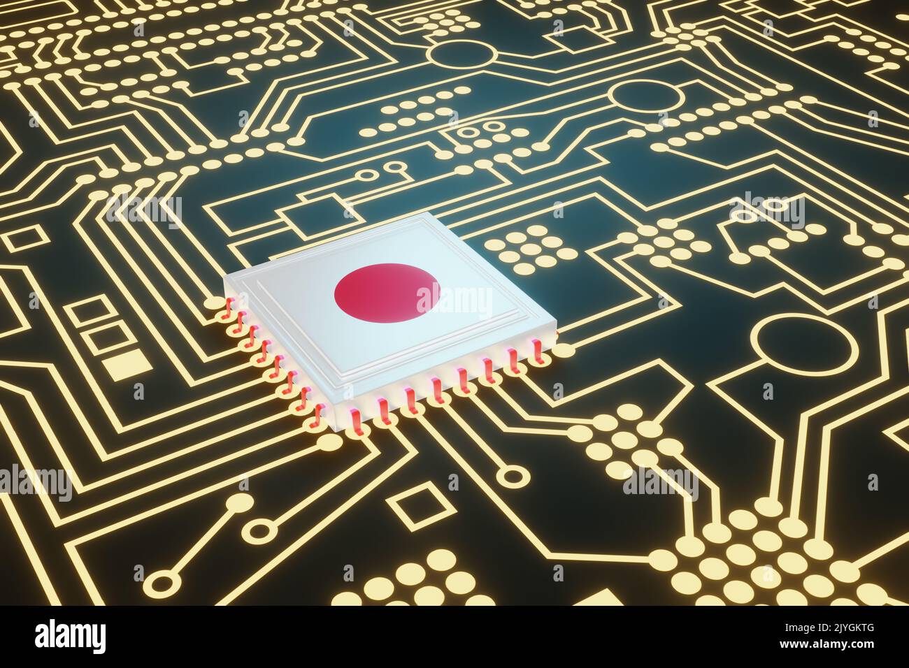 An advanced CPU printed with a flag of Japan on a neon glowing