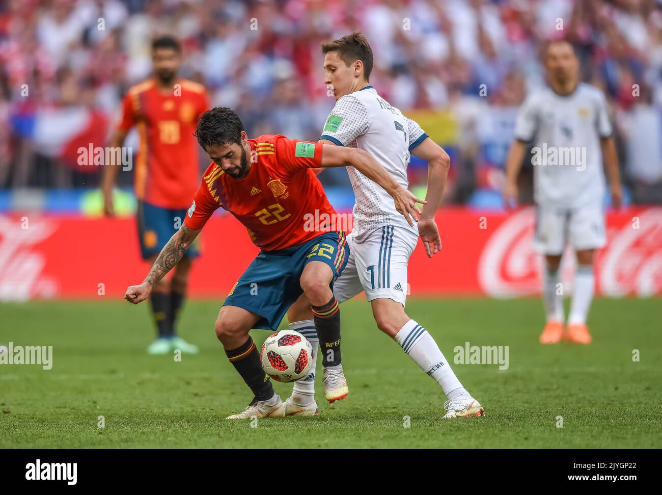 Moscow, Russia - July 1, 2018. Spain national football team midfielder Isco in action during FIFA World Cup 2018 quarterfinal Spain vs Russia (1-1). Stock Photo
