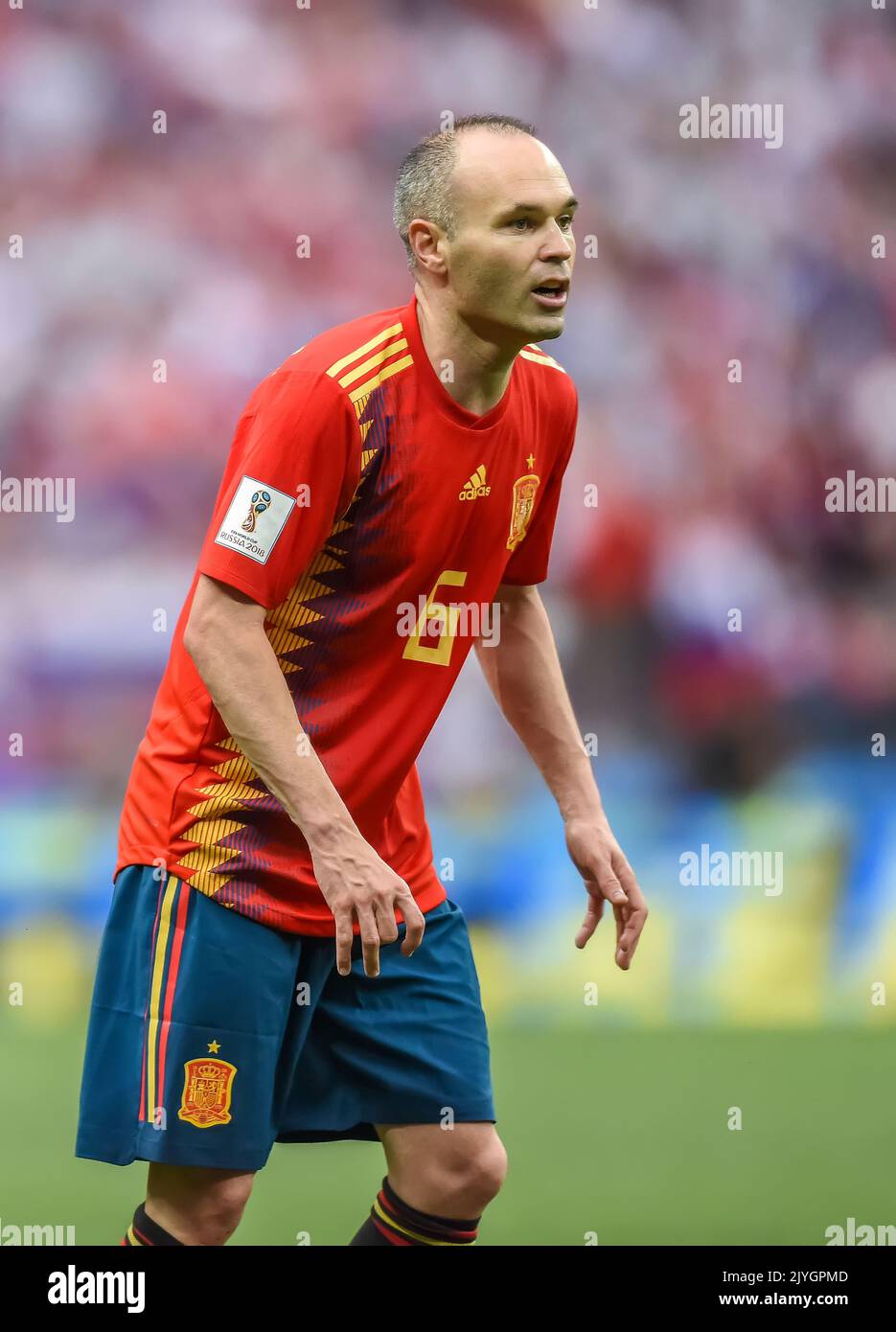 Moscow, Russia - July 1, 2018. Spain national football team midfielder Andres Iniesta during FIFA World Cup 2018 Round of 16 match Spain vs Russia (1- Stock Photo