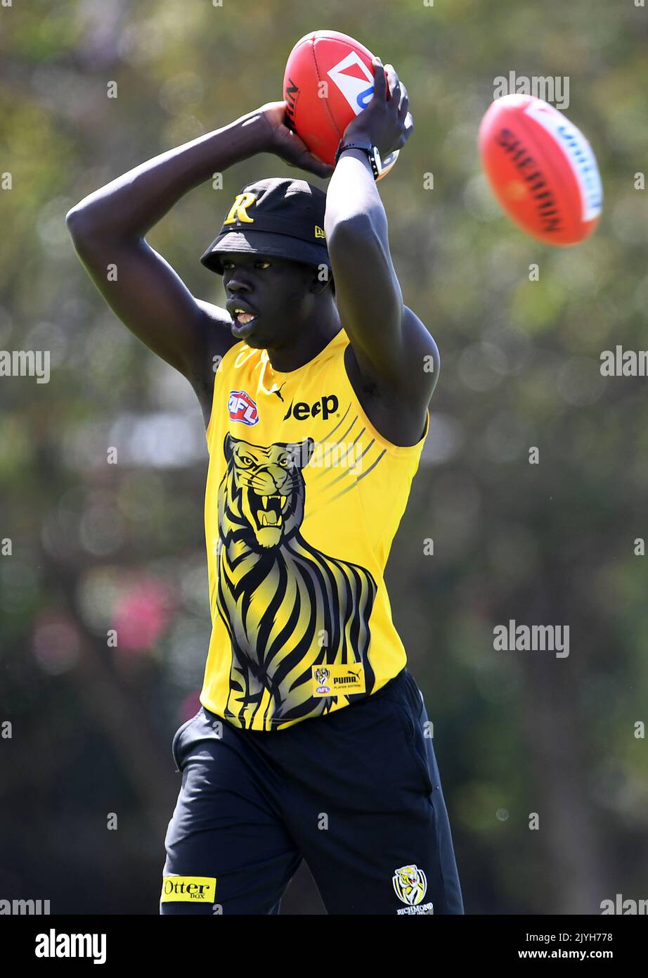 Bigoa Nyuon is seen during Richmond Tigers AFL training at Metricon ...