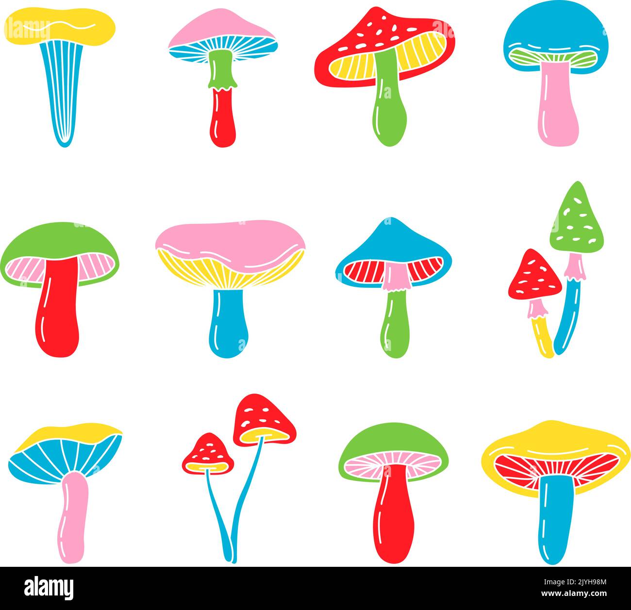 Set of mushroom icons. Colored mushrooms symbols. Chanterelle, amanita