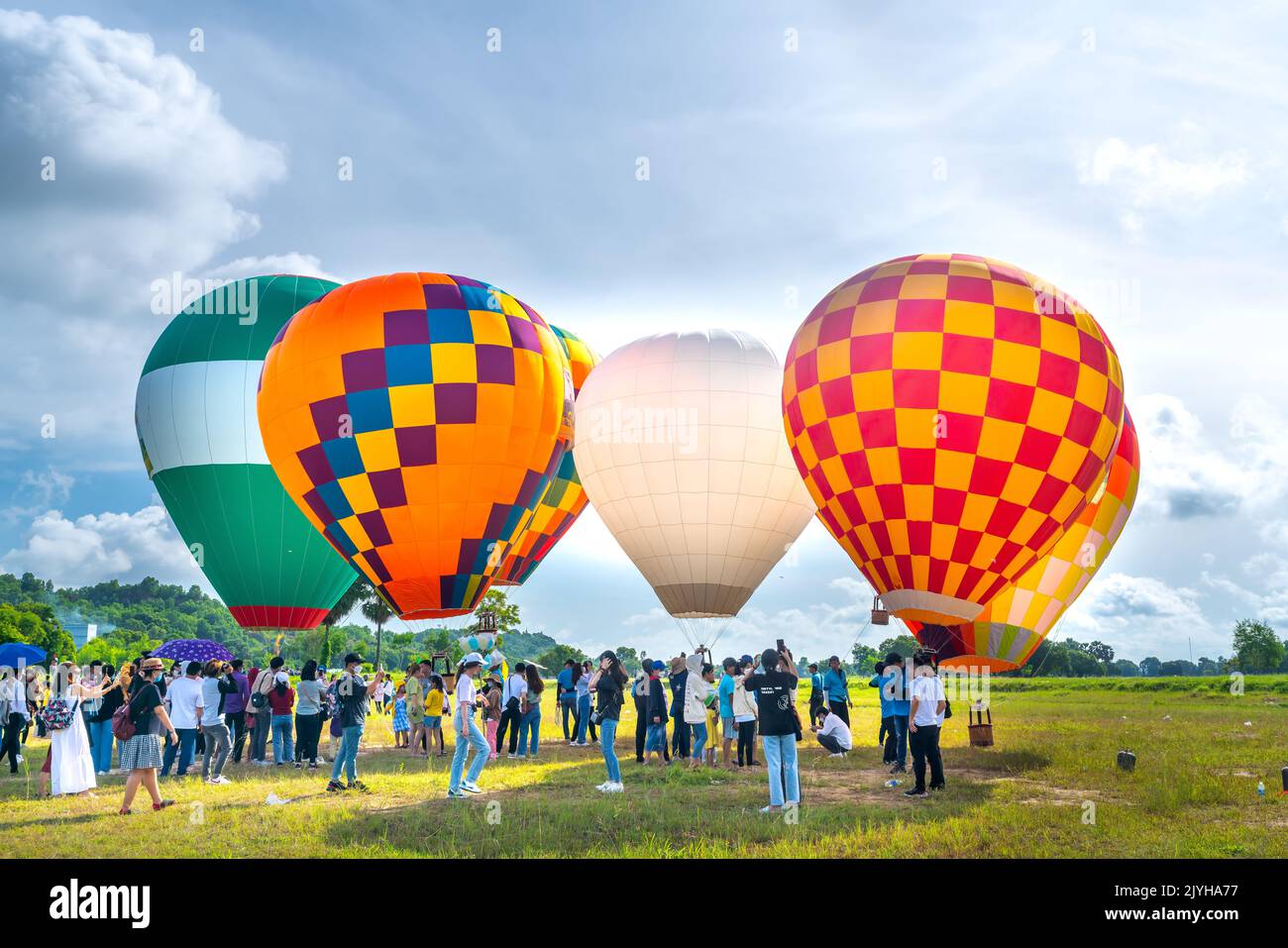 The hot air balloon festival in Ta Pa field after the harvest attracts