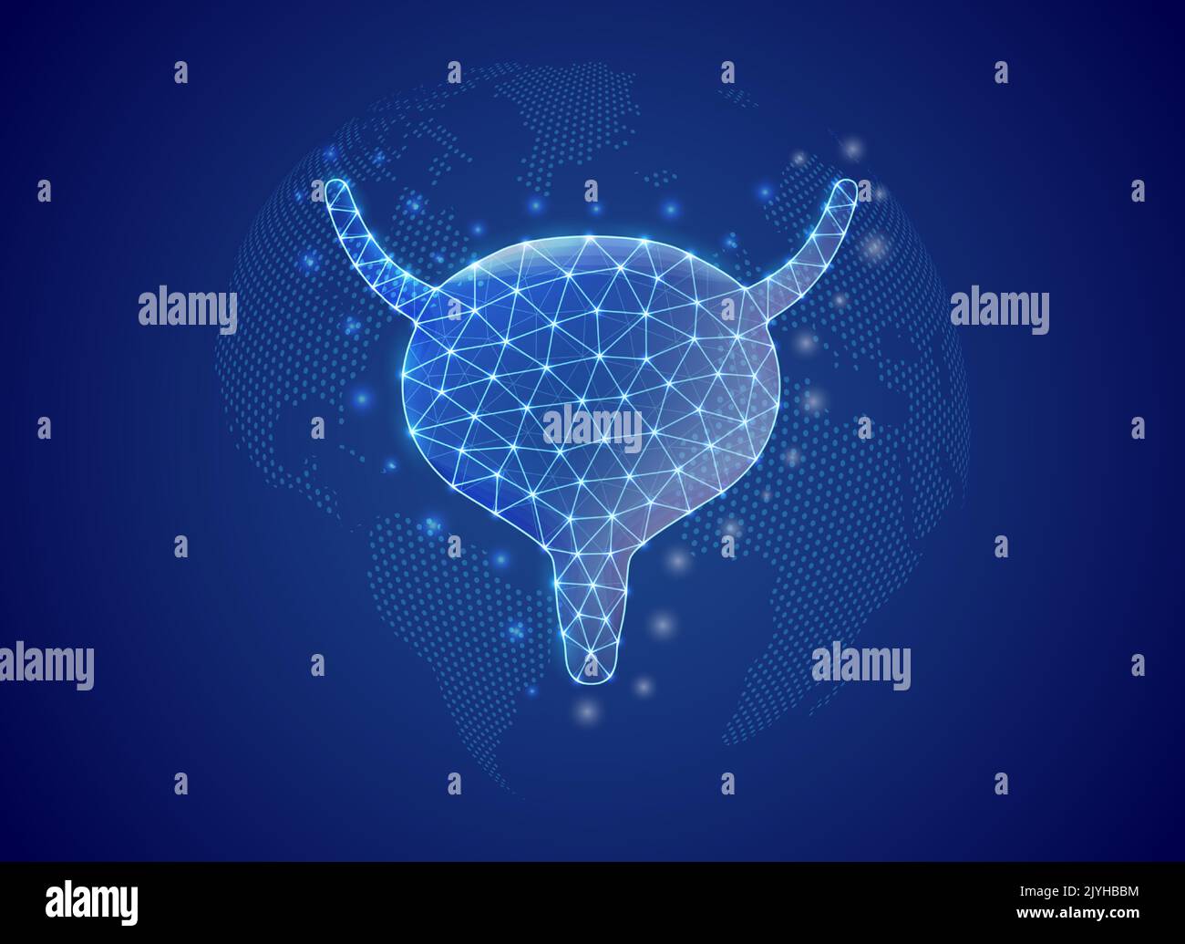 Bladder 3d low poly symbol with blue world map background. Reproductive ...