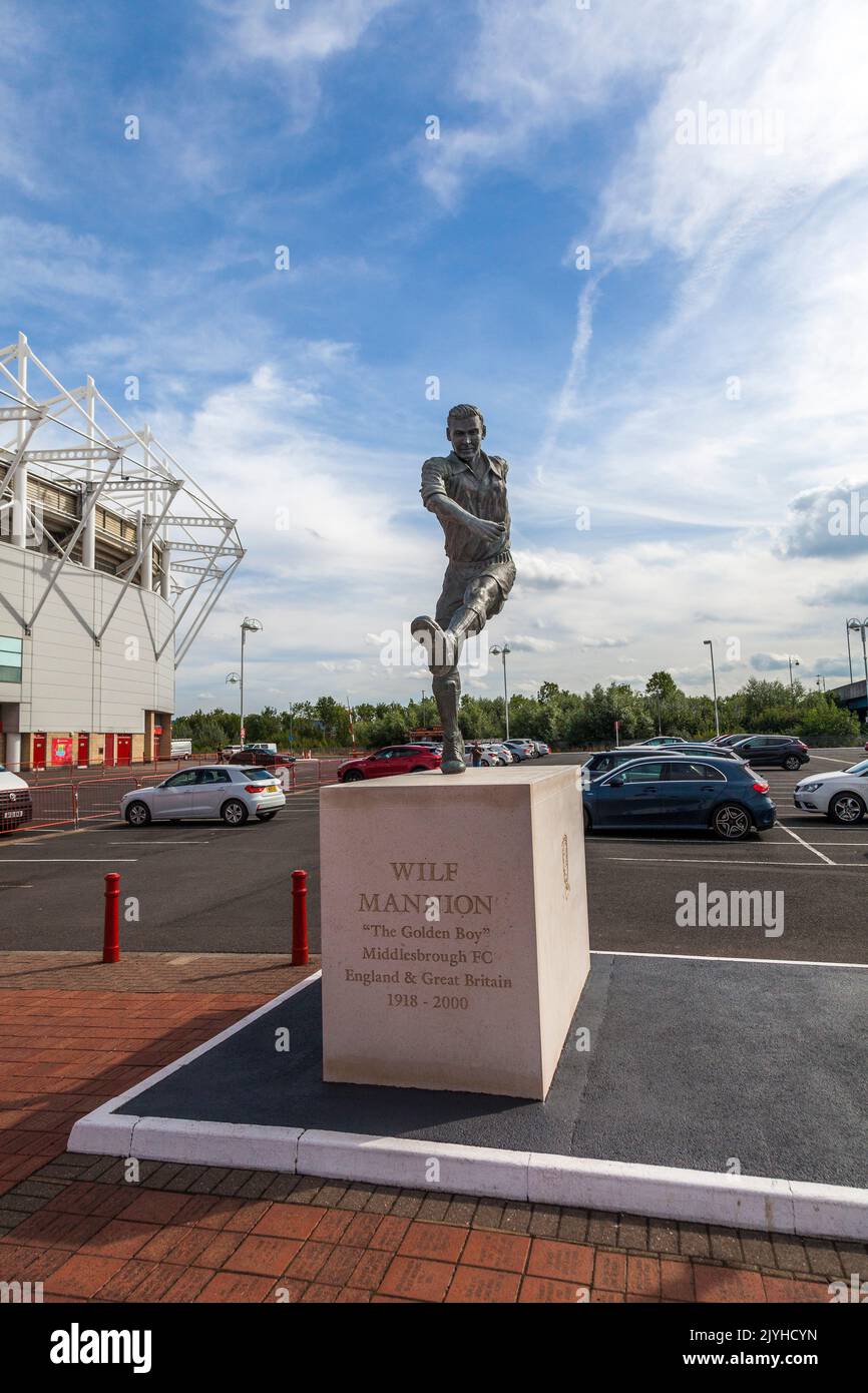 The Riverside Stadium,home of Middlesbrough Football Club, England,UK.Statue of  former player Wilf Mannion Stock Photo