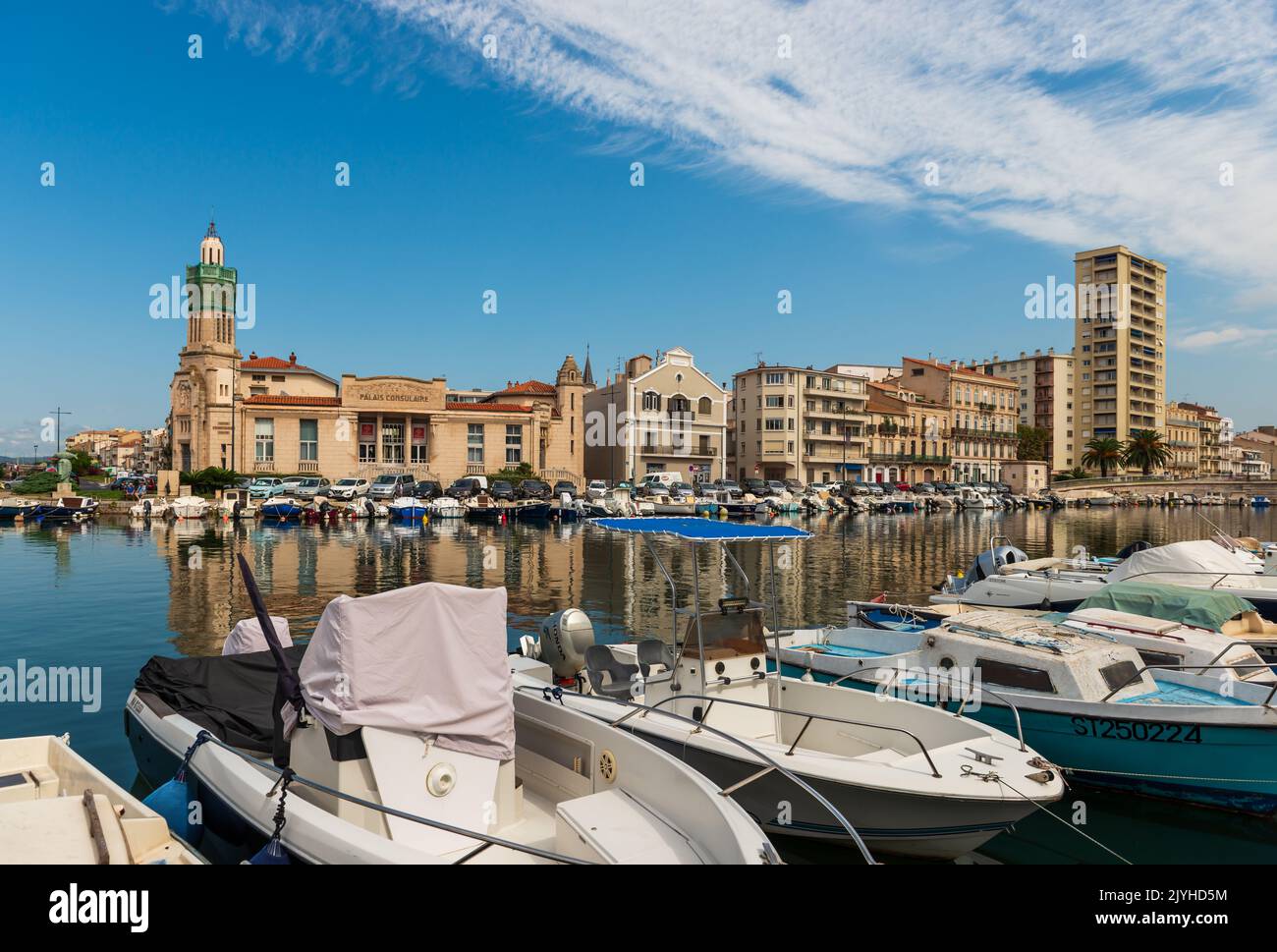 Panorama of the Peyrade canal and the consular palace in Sète, on a summer day, in Herault, Occitanie, France Stock Photo