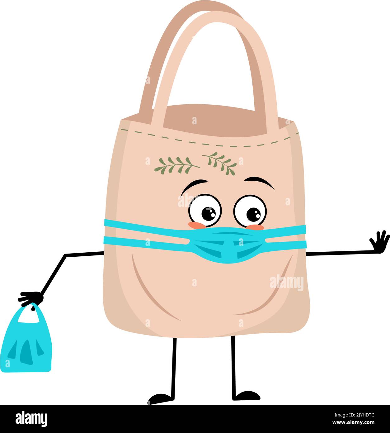 Cute bag character with face in medical mask keep distance, arms and legs. Shopper person with care expression and pose. Vector flat illustration Stock Vector