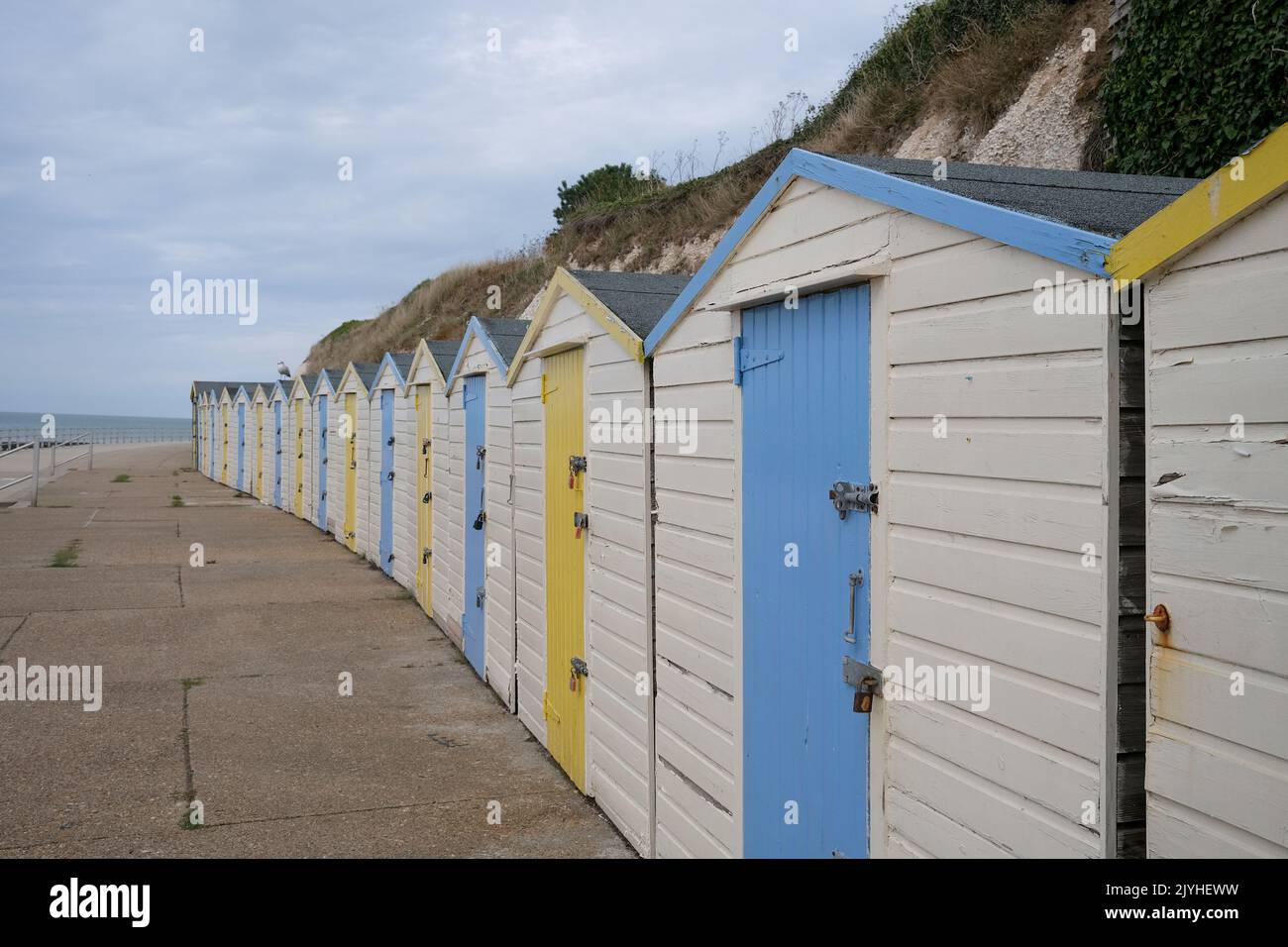 row of holiday beach huts in westgateonsea,south east coast,kent,uk
