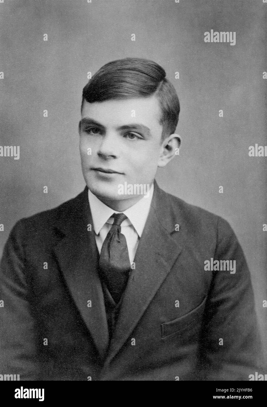 Britain / UK: Alan Turing (1912-1954), computer scientist and cryptologist instrumental in breaking Germany's 'enigma' machine code during World War II, c. 1928. Alan Mathison Turing was a British pioneering computer scientist, mathematician, logician, cryptanalyst, philosopher, mathematical biologist, and marathon and ultra distance runner. He was highly influential in the development of computer science. Stock Photo