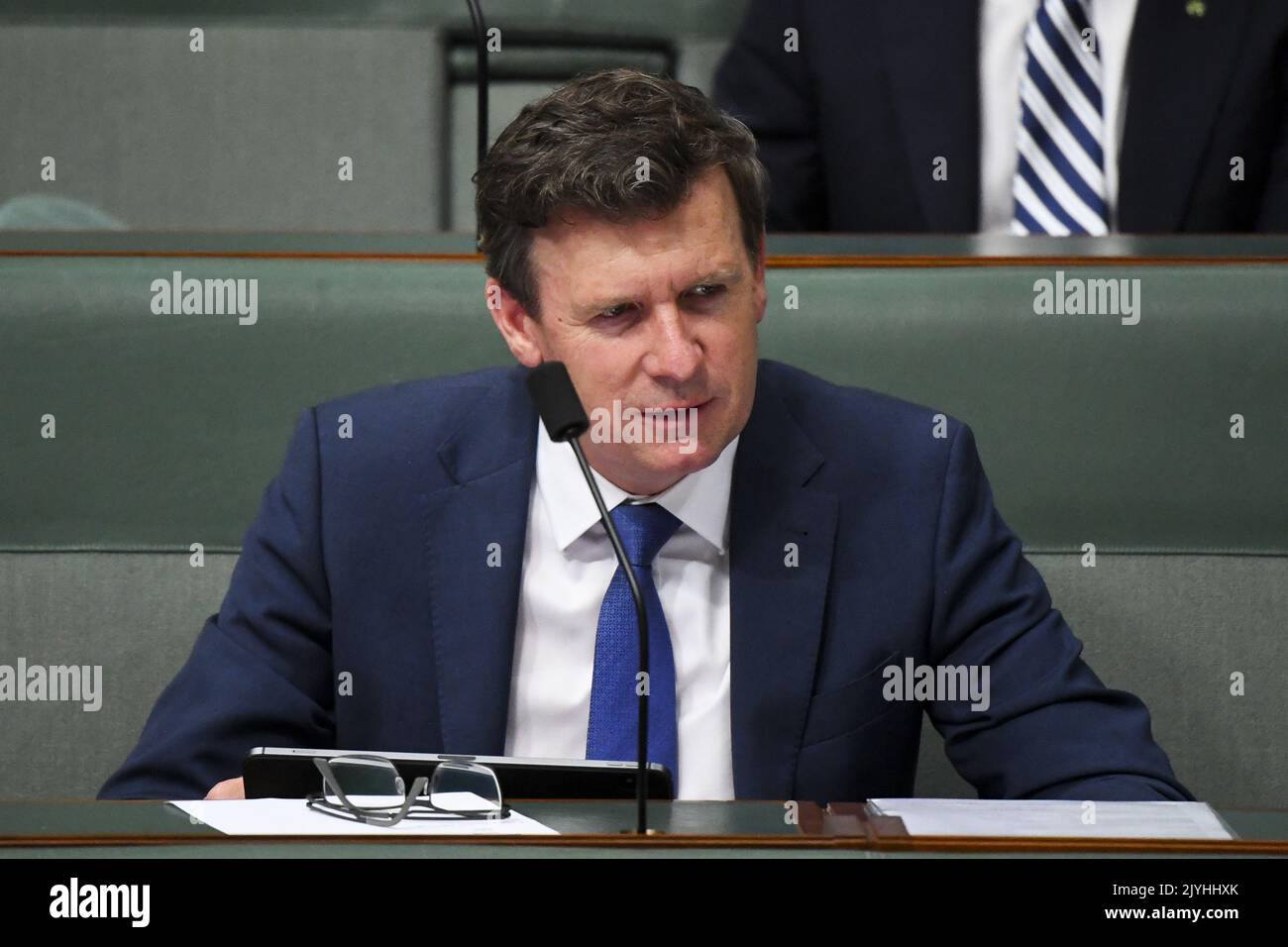 Australian Acting Immigration Minister Alan Tudge reacts during House ...