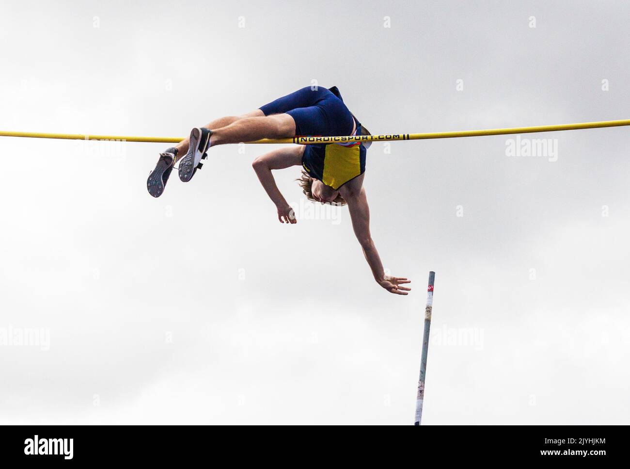 A pole vaulter in action at the Great North City Games which  were held in  Stockton on Tees, England ,UK in the High Street Stock Photo