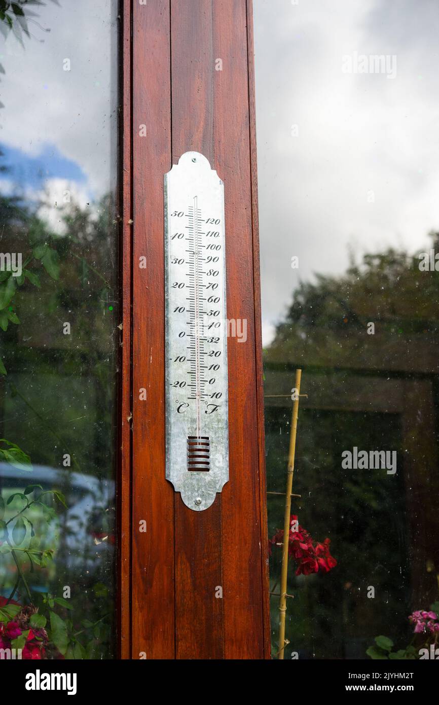 Outside Thermometer on Patio Window, UK. Stock Photo