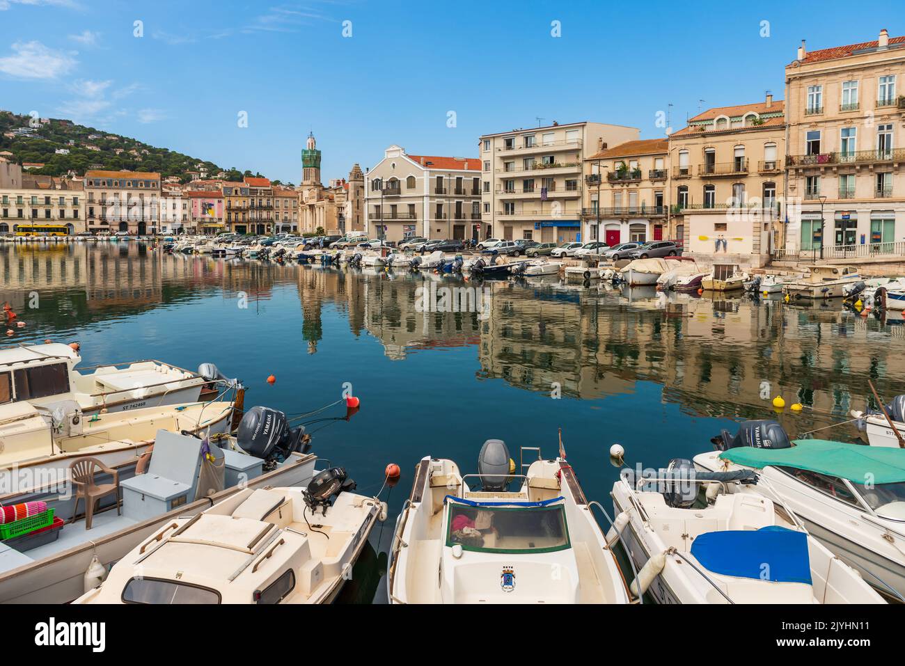 Panorama of the Peyrade canal and the consular palace in Sète, on a summer day, in Herault, Occitanie, France Stock Photo