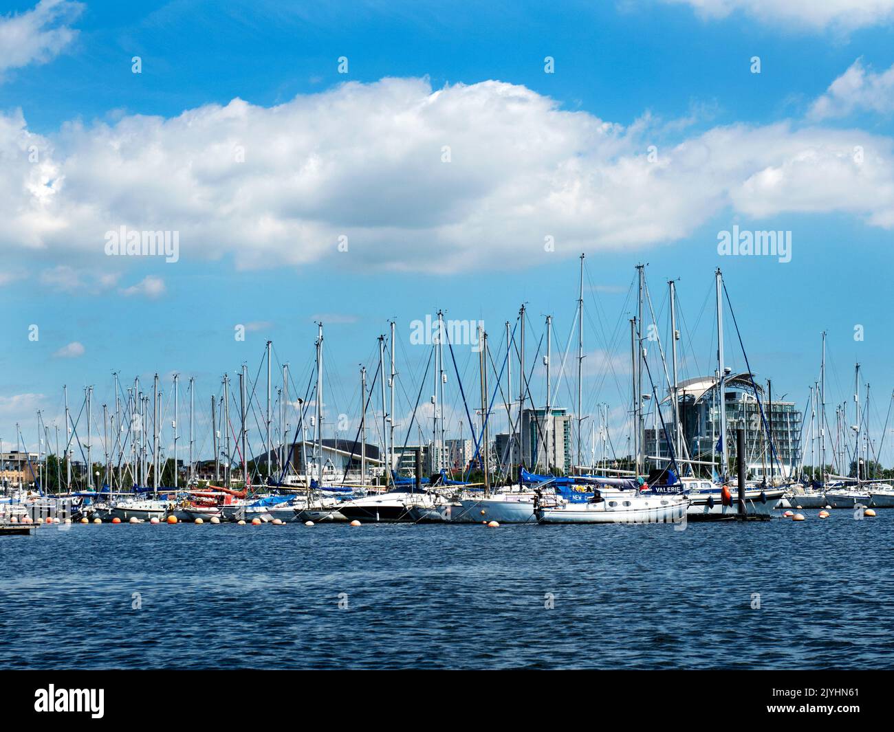 Yachts moored in Cardiff Bay viewed from the water Cardiff Wales Stock Photo