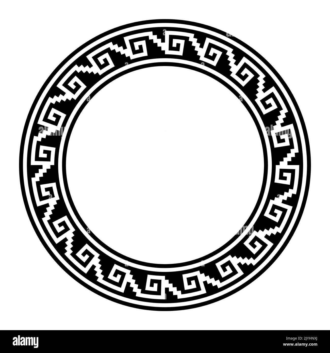 Aztec stepped fret motif, circle frame with meander pattern. Border made of steps, seamless connected to a hook or spiral, similar to Greek key. Stock Photo