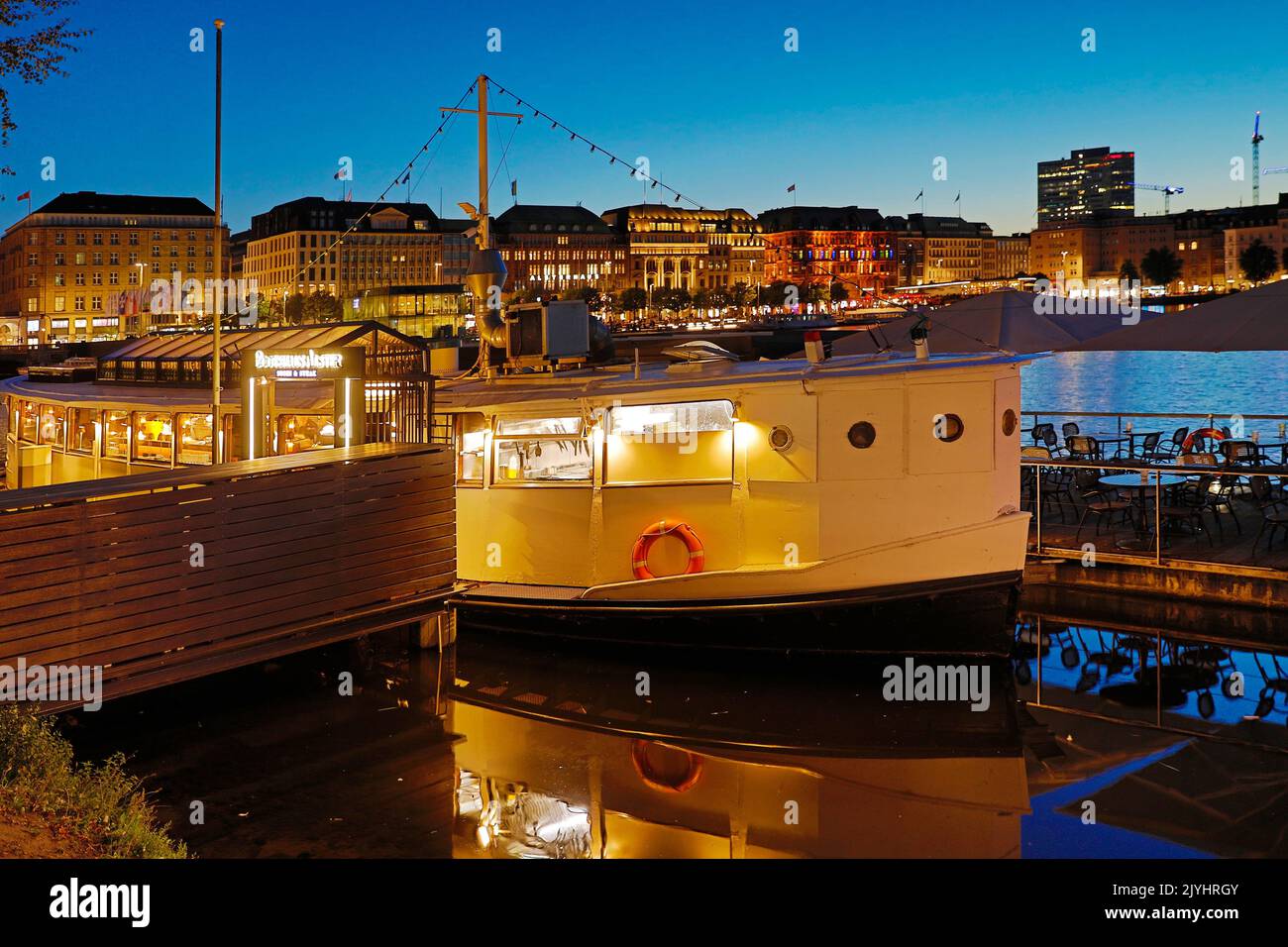 Restaurant ship 'Bootshaus Alster' at the Inner Alster Lake in the evening, Germany, Hamburg Stock Photo