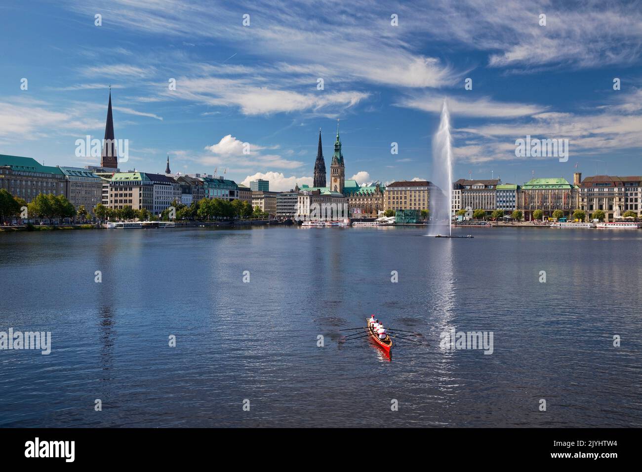 Inner Alster Lake with fountain and city scape , Germany, Hamburg Stock Photo