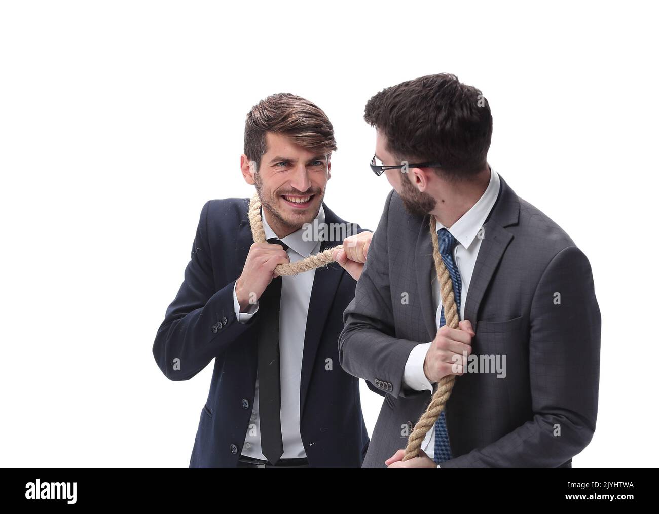 full length . two businessmen pulling a long rope Stock Photo - Alamy