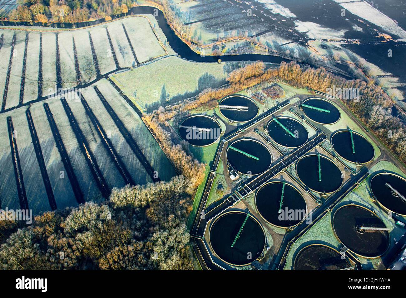 Water purification station Ossemeersen, aerial view, Belgium, East Flanders Stock Photo