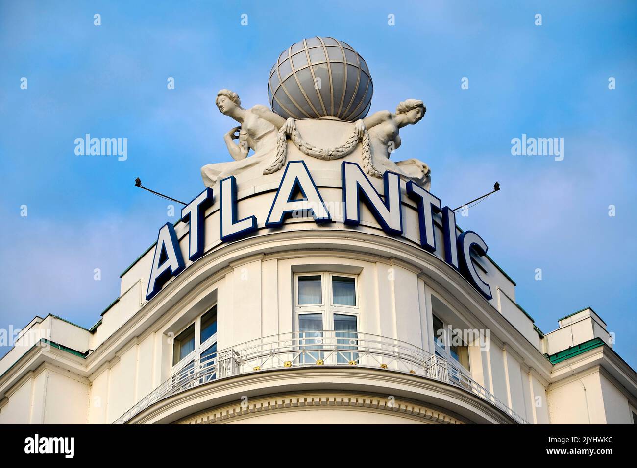 Gable of the Hotel Atlantic Kempinski with globe, five-star deluxe hotel, Germany, Hamburg Stock Photo
