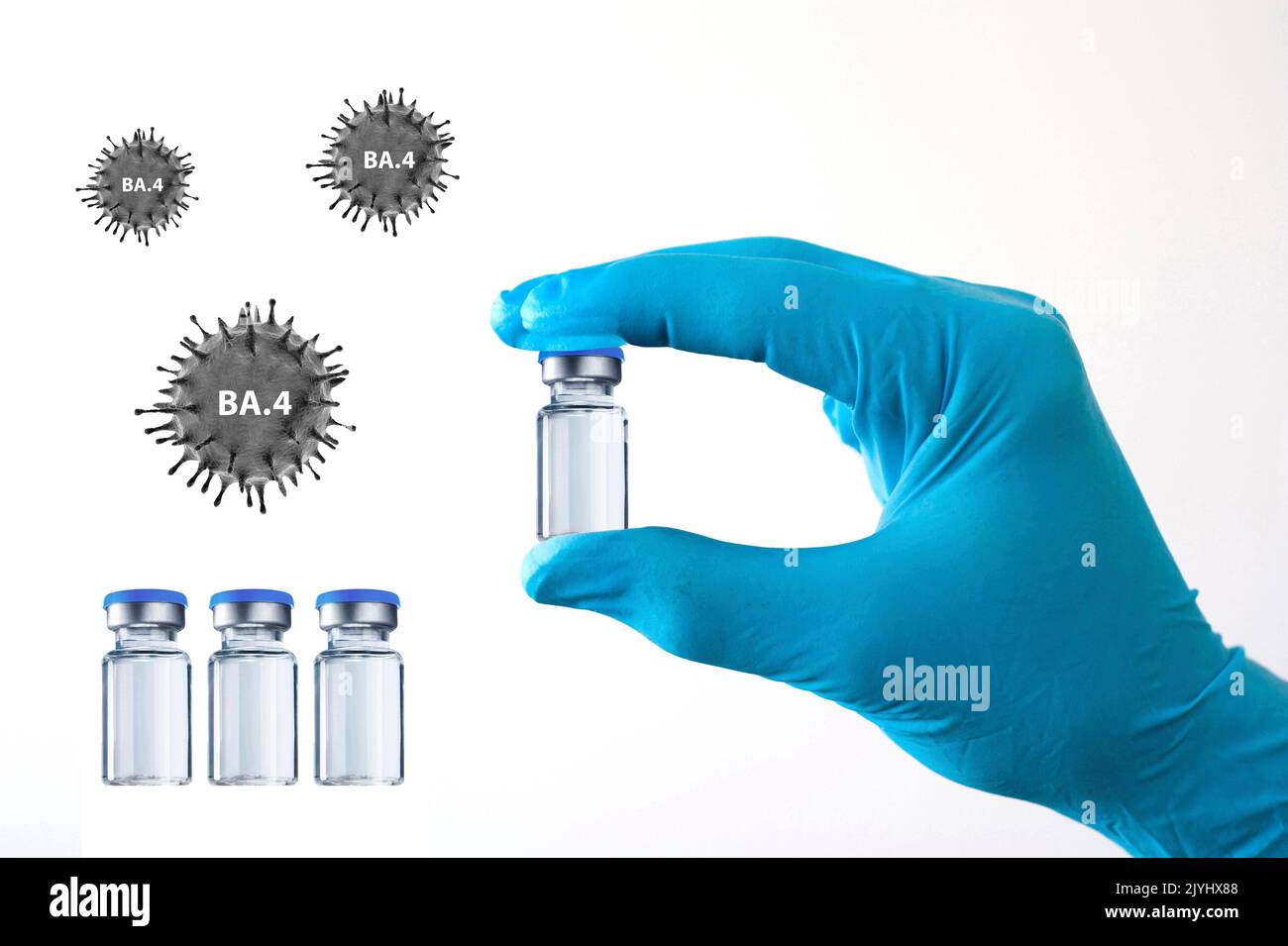 hand in gloves holding a glass with vaccine against Corona, variant BS.4, cut out Stock Photo