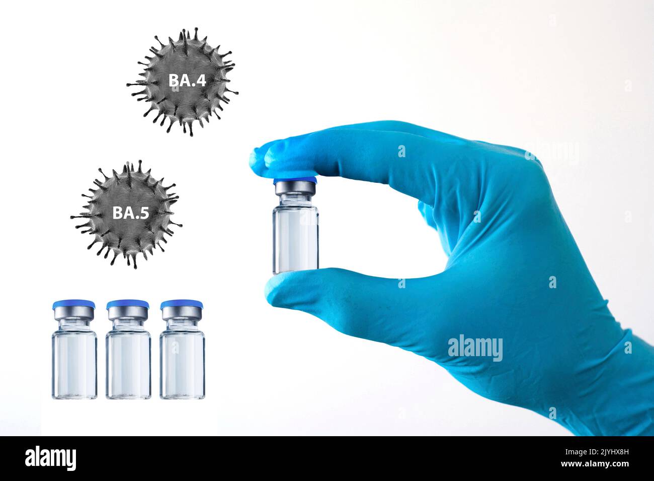 hand in gloves holding a glass with vaccine against Corona, variants BS.4 and  BA.5, cut out Stock Photo