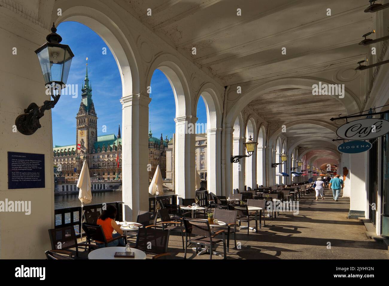 Alster Arcades with view onto the town hall tower, Germany, Hamburg Stock Photo