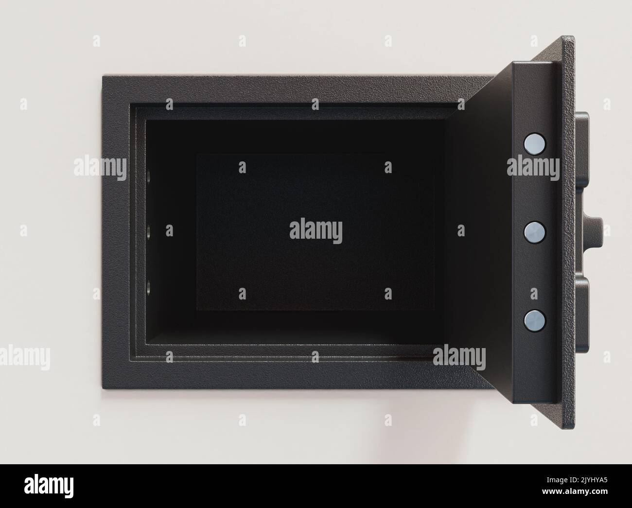 An opened digital wall safe set into a white wall background - 3D render Stock Photo
