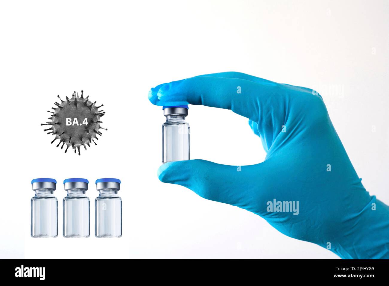 hand in gloves holding a glass with vaccine against Corona, variant BS.4, cut out Stock Photo