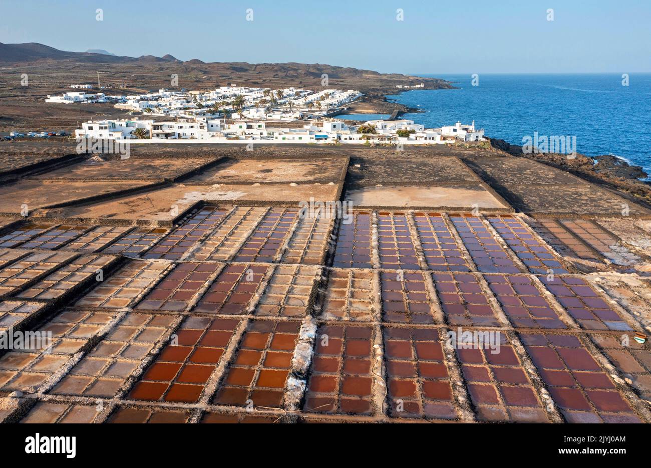 Salinas de Los Cocoteros, pools with different salinity, aerial view, Canary Islands, Lanzarote, Guatiza Stock Photo