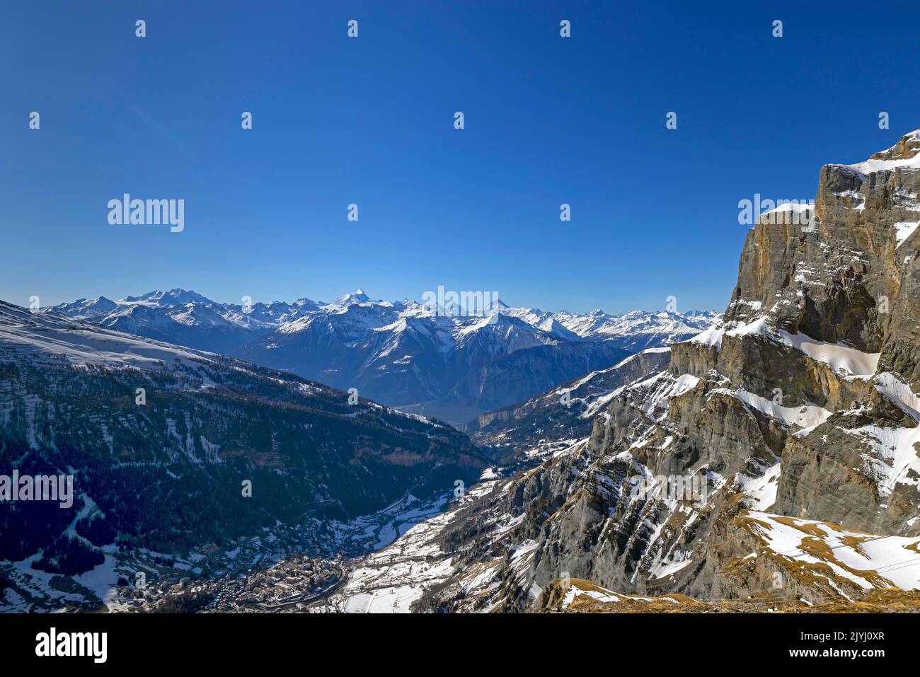 Valais Alps from Nadelhorn to Sassenaire, Daubenhorn Rockwall, view from Gemmipass, Switzerland, Leukerbad Stock Photo